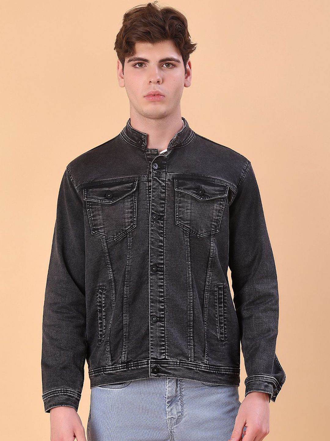 V-Mart Men Mandarin Collar Washed Solid Denim Jacket-image-43
