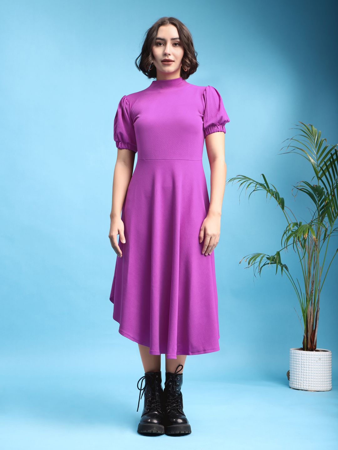 PURVAJA Women Solid Puff Sleeve Fit & Flare Midi Dress-image-43