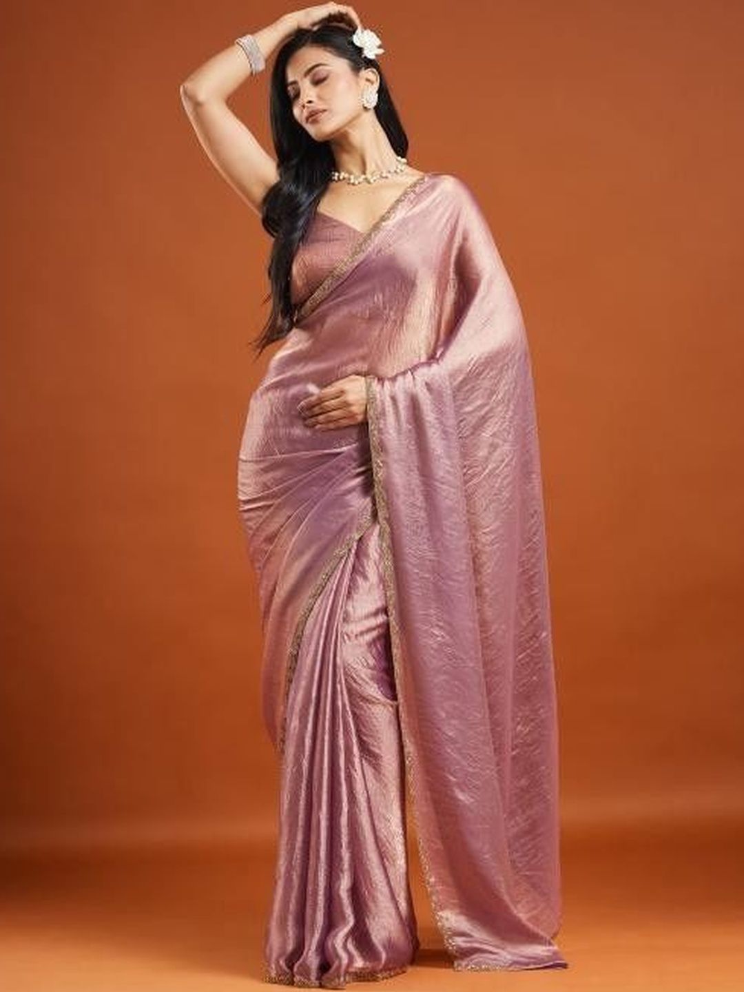 LOROFY Embellished Beads And Stones Border Chanderi Saree with Blouse Piece-picture-37