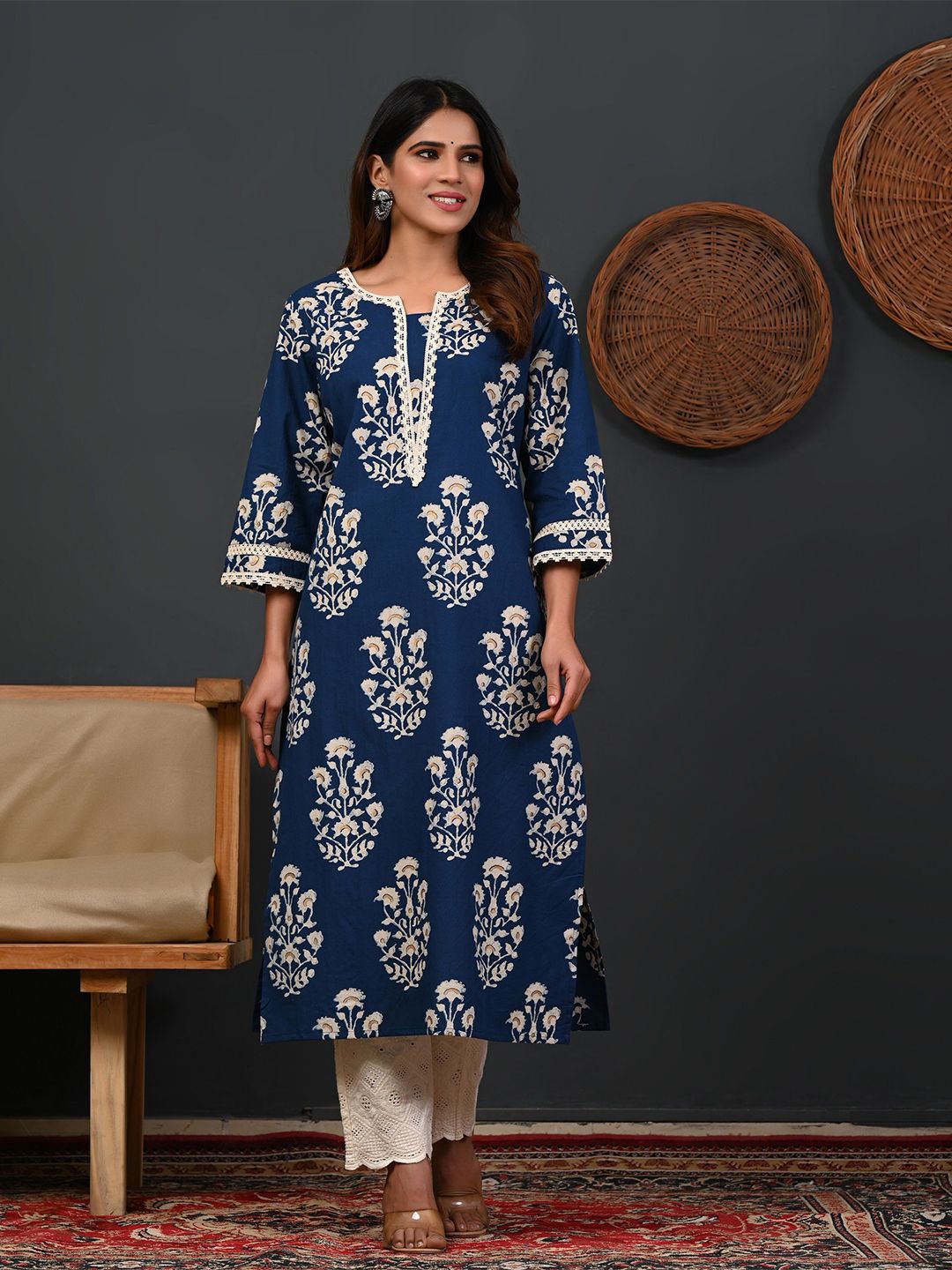 Rimeline Ethnic Motifs Printed Round Neck Zari Straight Pure Cotton Kurta-picture-10