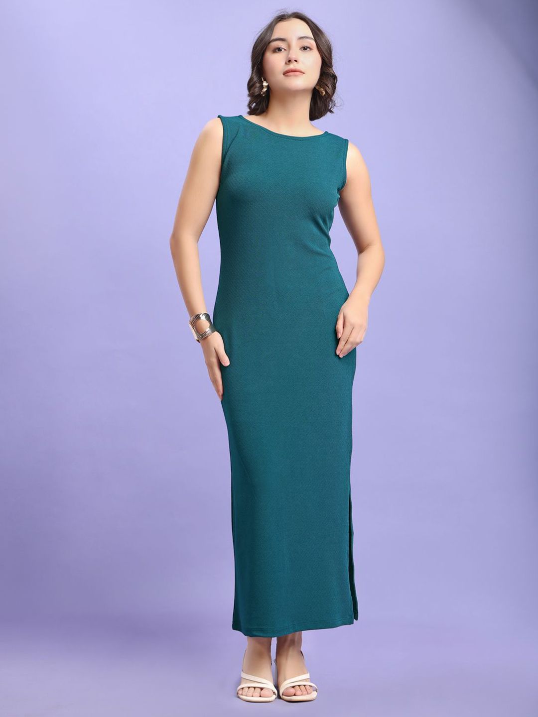 PURVAJA Smart Fashion Women Slits Boat Neck Sleeveless Sheath Maxi Dress-picture-36