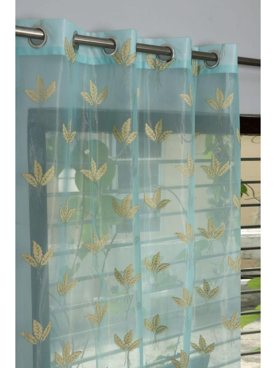 UrbanArts Turquoise Blue & Gold Toned Embroidered Fade Resistant Sheer Long Door Curtain-picture-19