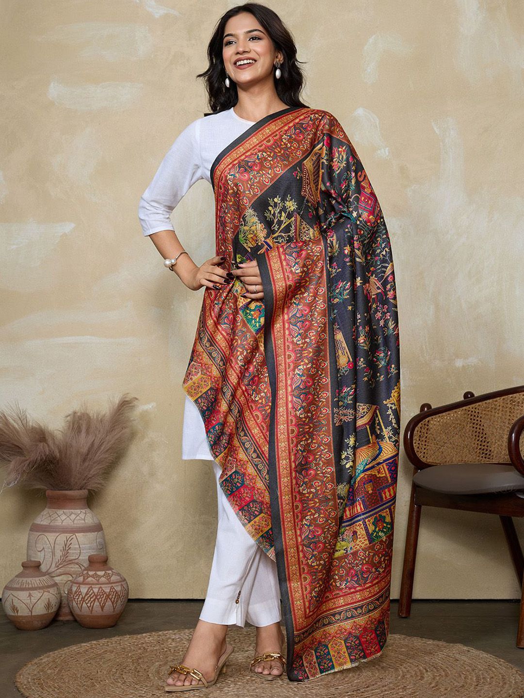 WEAVERS VILLA Ethnic Motifs Woven Design Shawl With Fringed Border-picture-31
