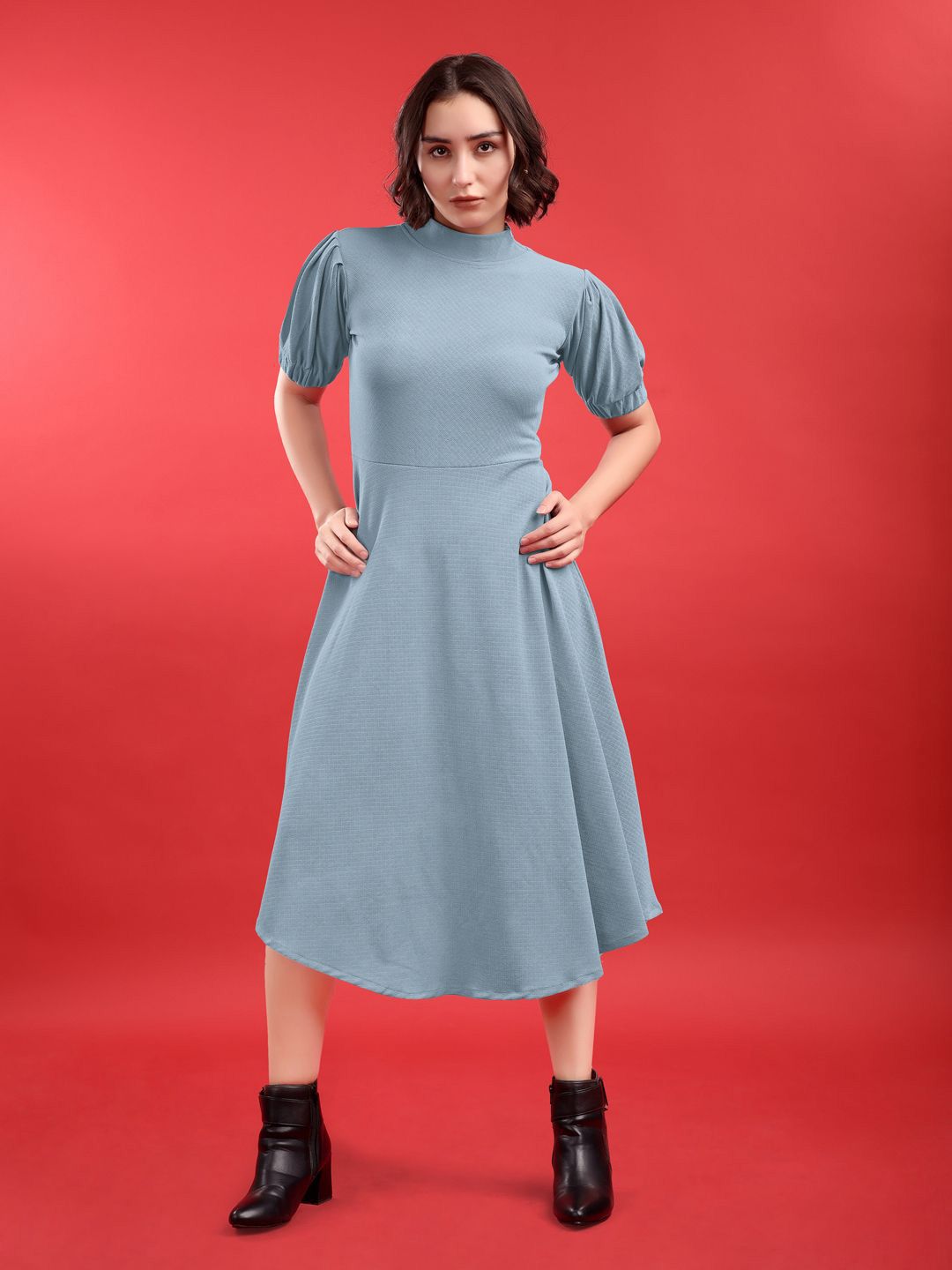 PURVAJA Women Puff Sleeve Fit & Flare Midi Dress-image-34
