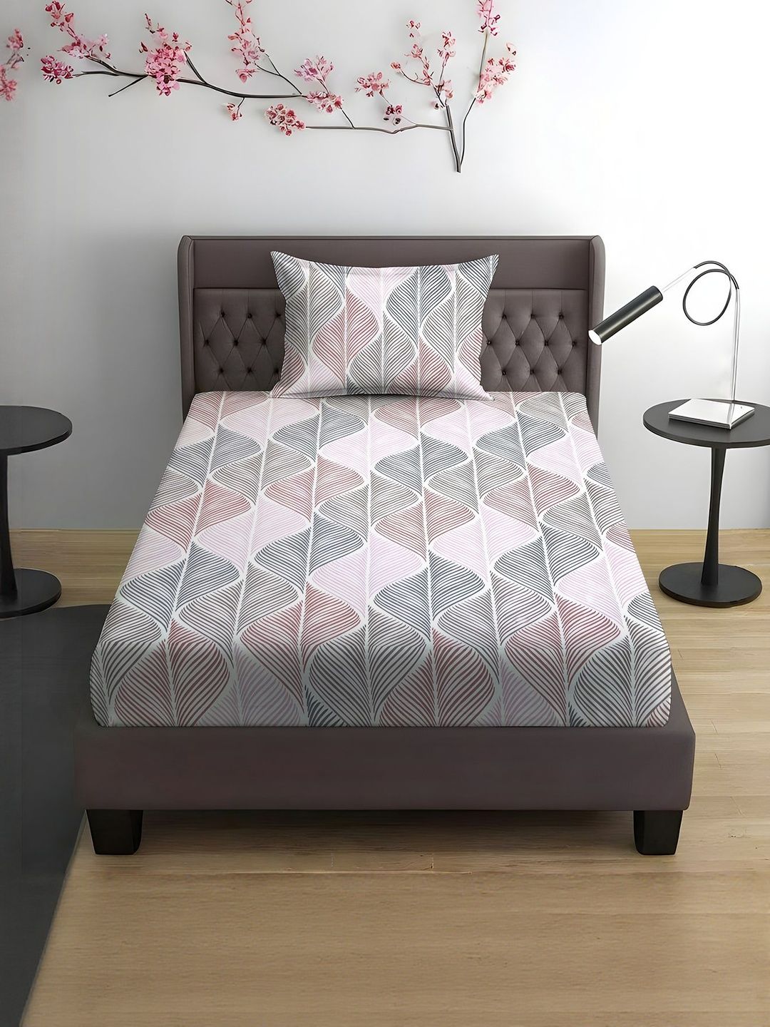 WEAVE AND DECOR White Geometric Pure Cotton Feel 300 TC Single Bedsheet Set-2.28mx1.52m-picture-10