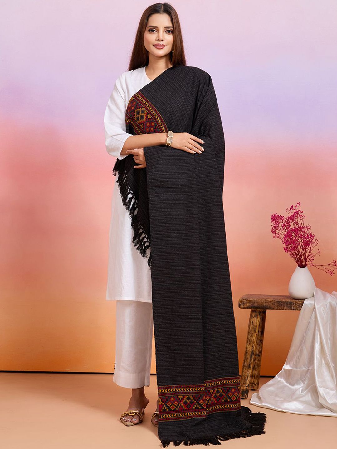 WEAVERS VILLA Striped Woven Design Shawl With Tassels Border-picture-41