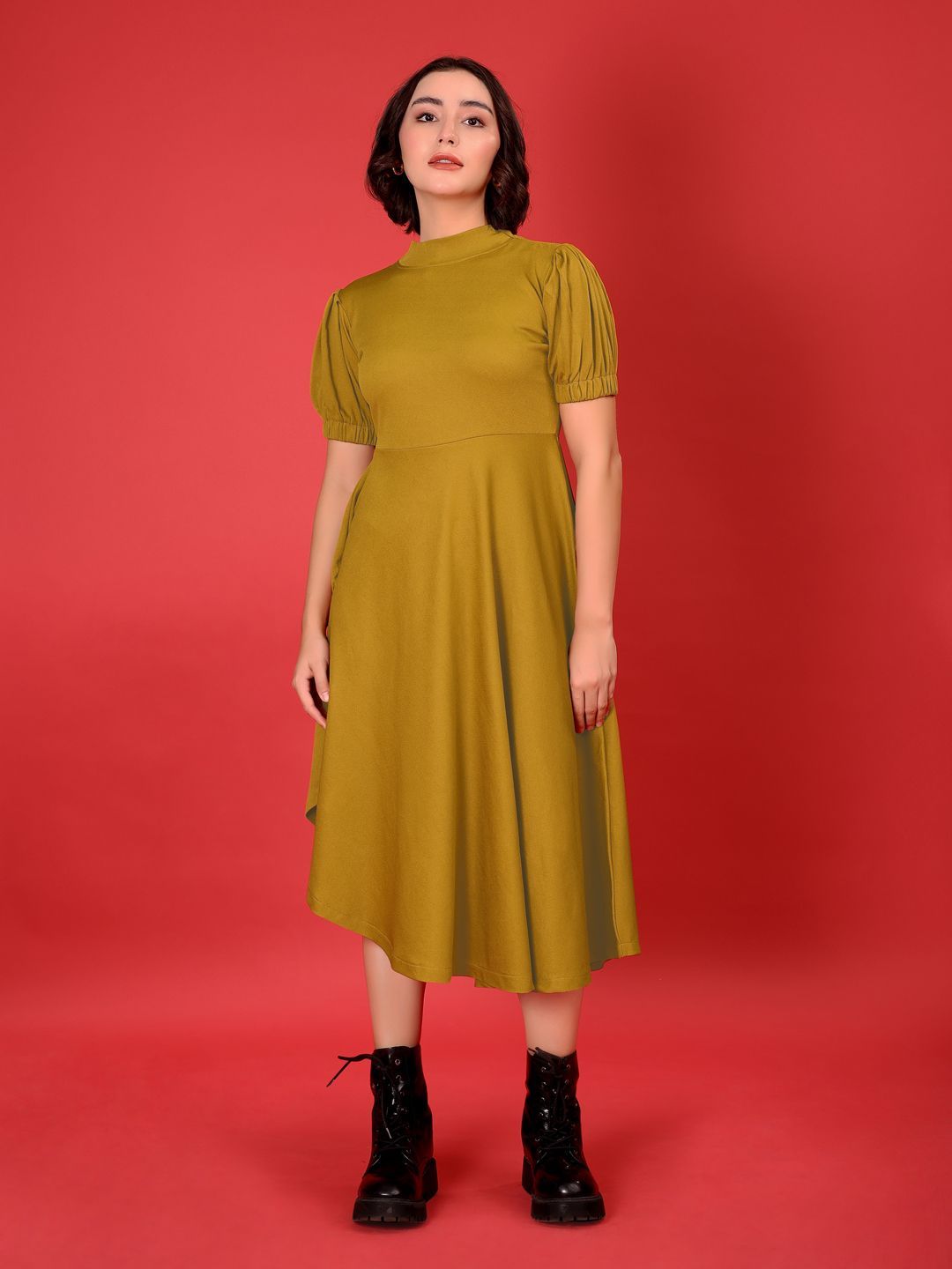 PURVAJA Puff Sleeve Fit & Flare Midi Dress-image-40