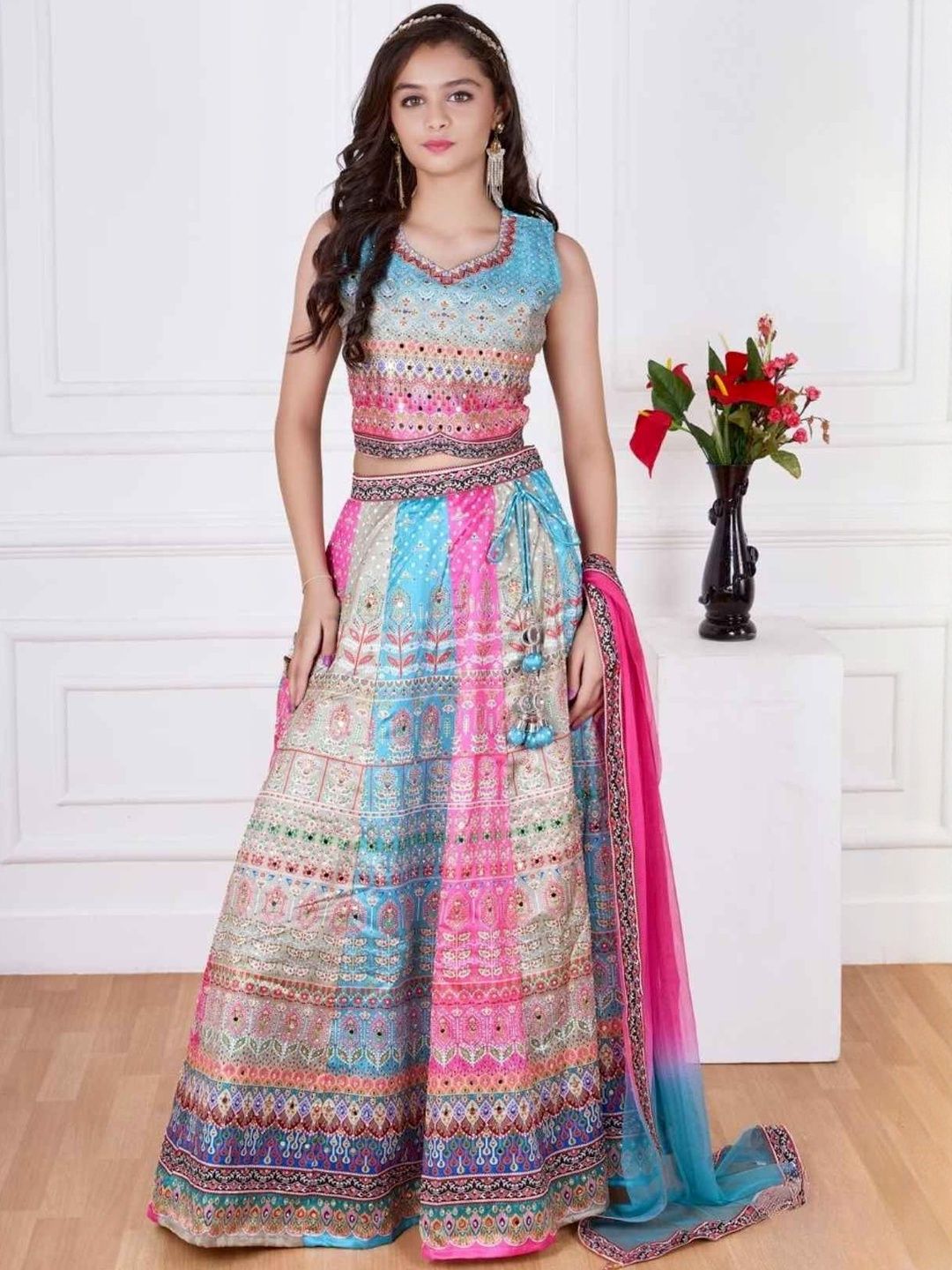 Sangria Girls Printed Mirror Work Ready To Wear Lehenga & Blouse With Dupatta