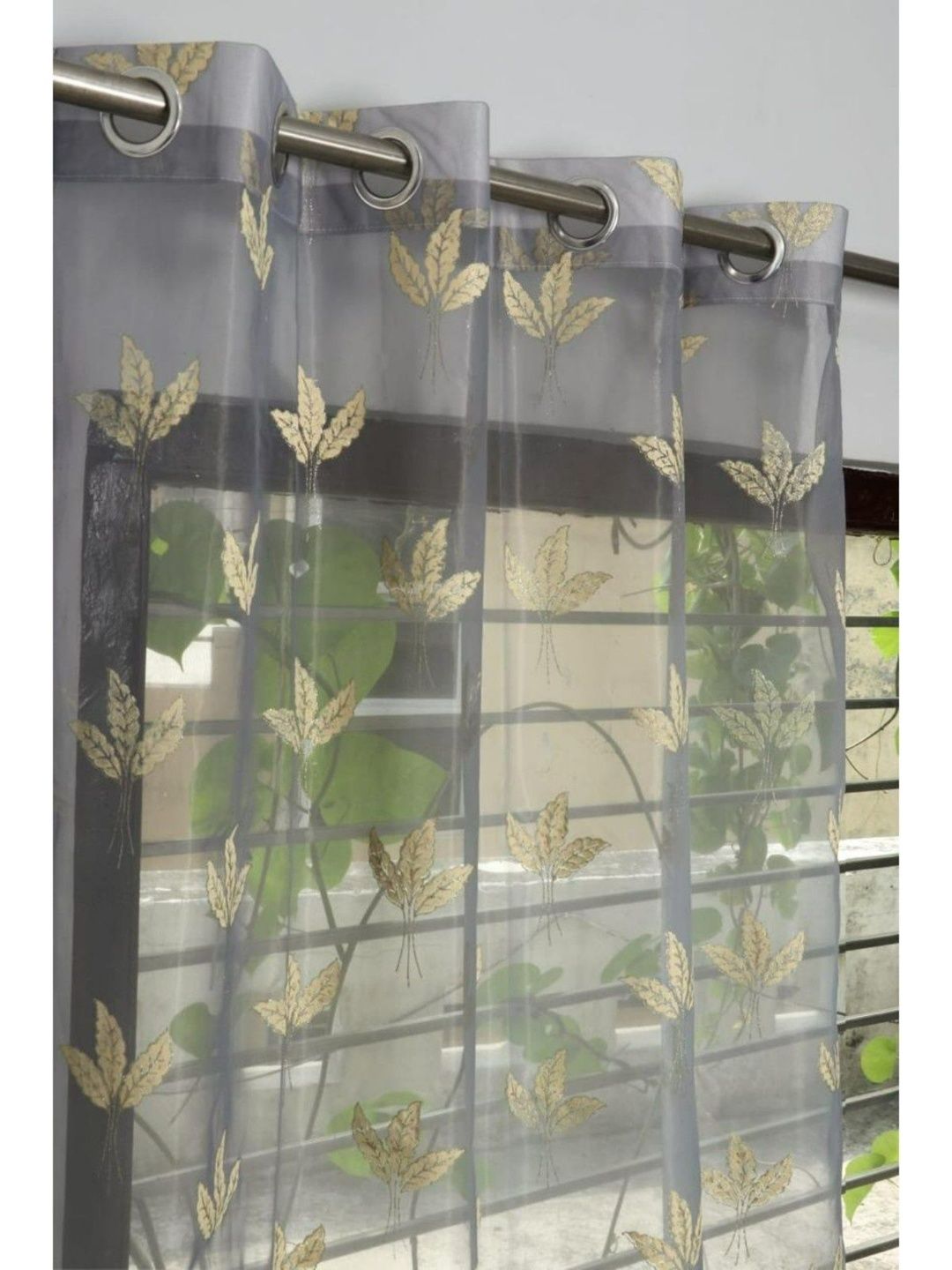 UrbanArts Grey & Gold Toned Leaf Embroidered Fade Resistant Sheer Window Curtain-picture-41