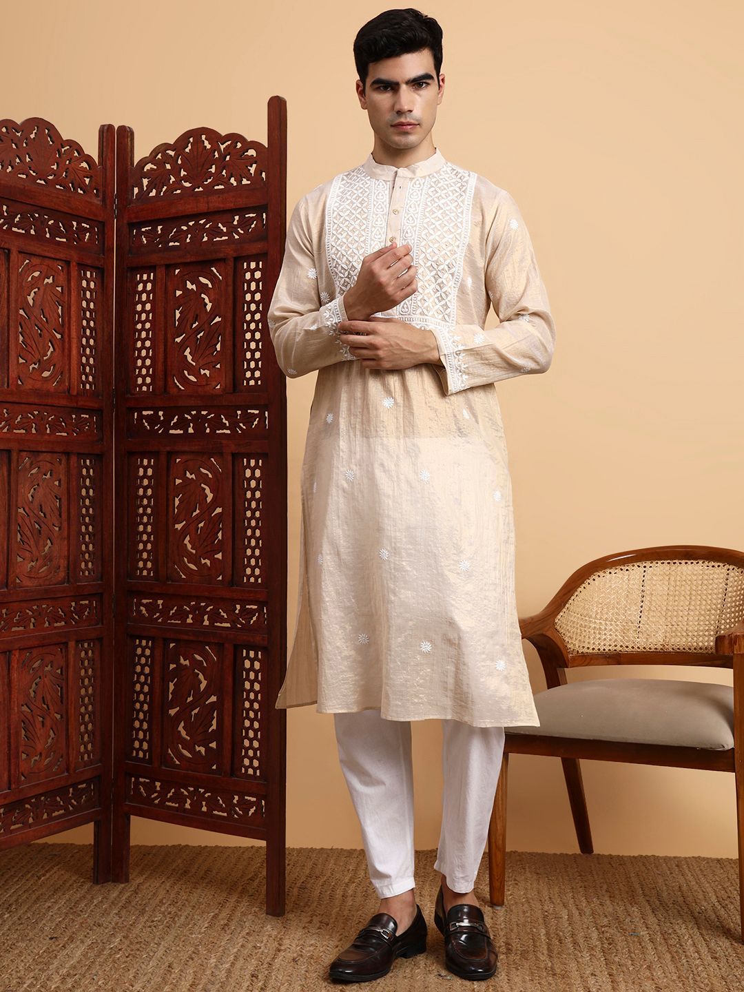 House of Pataudi Chikankari Hand Embroidered Pure Silk Straight Kurta & Trousers-picture-29