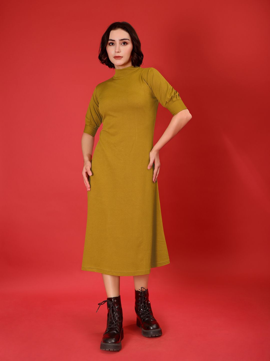 PURVAJA Western Knits Women Solid High Neck Puff Sleeve A-Line Midi Dress-picture-13