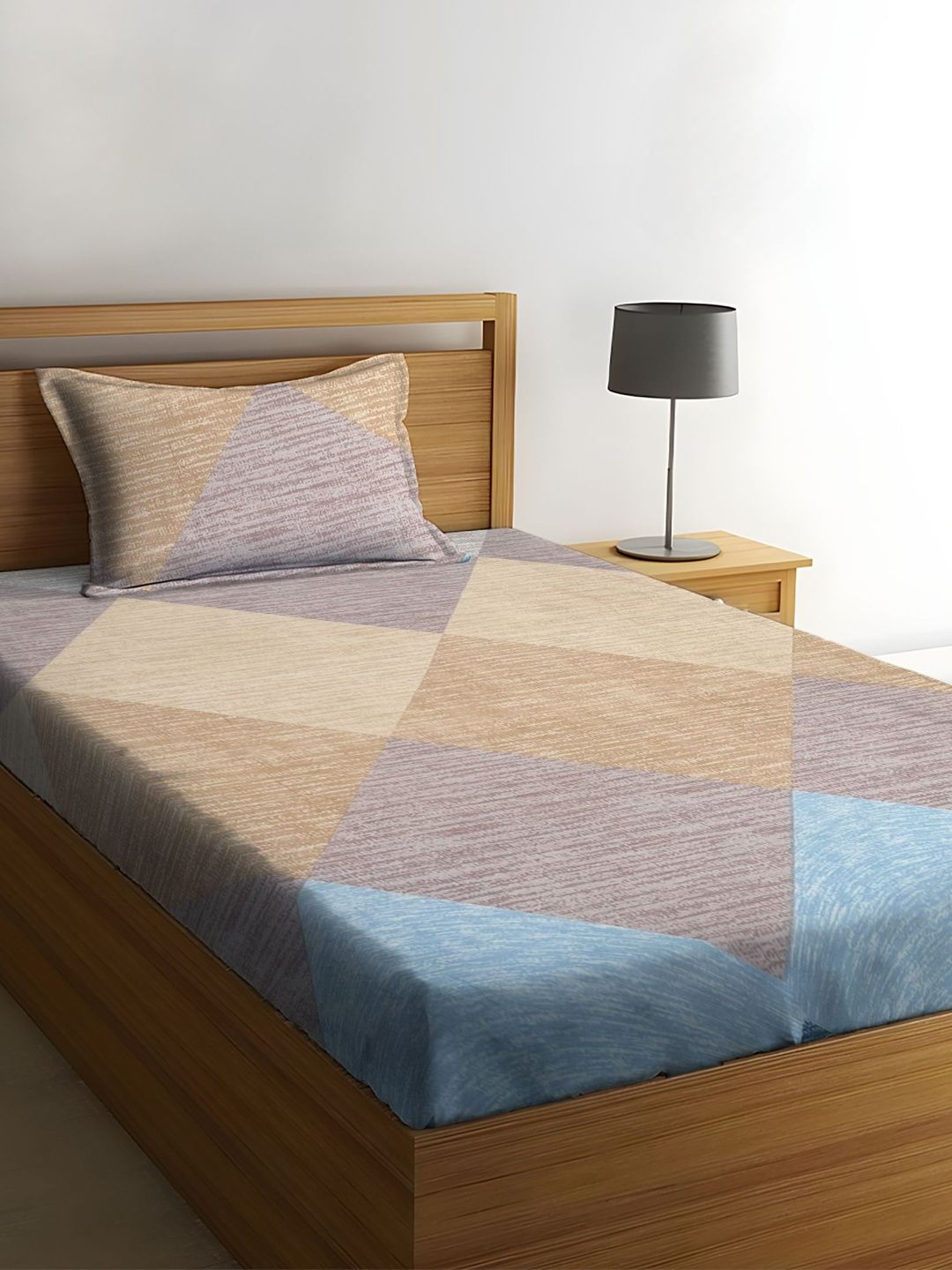 WEAVE AND DECOR Beige Pure Cotton Geometric 300TC Single Fitted BedsheetSet 1.98mx91.44cm-picture-16