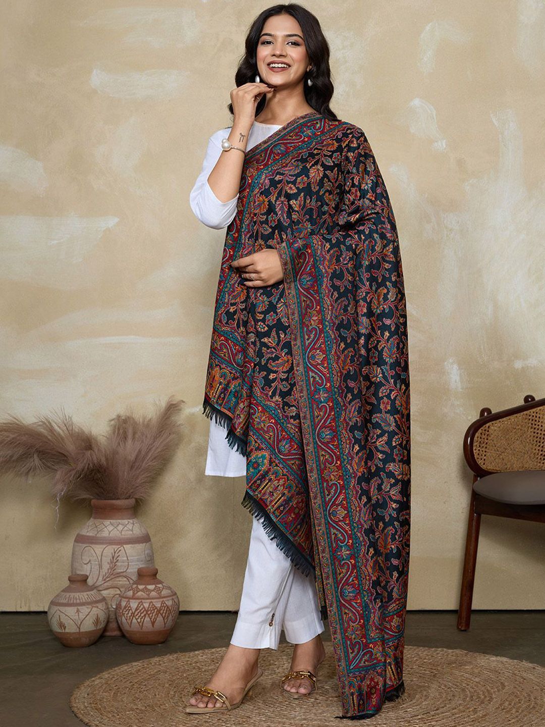 WEAVERS VILLA Floral Woven Design Shawl With Fringed Border-picture-28