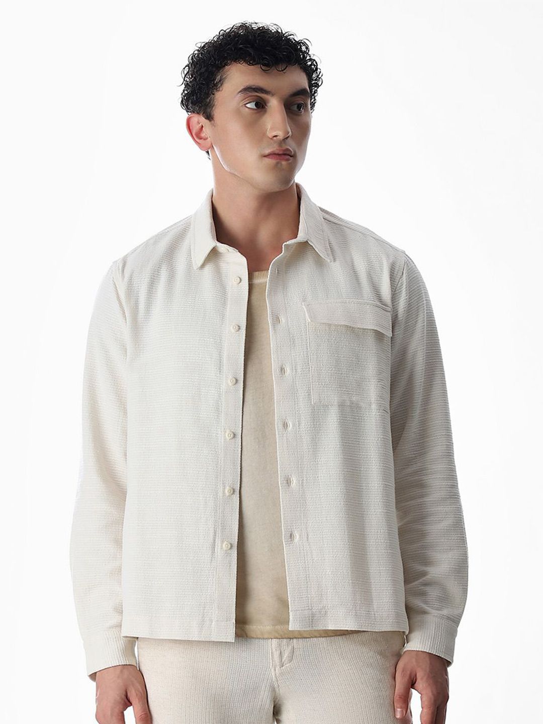 Jack & Jones Men Textured Spread Collar Pure Cotton Casual Shirt-picture-37