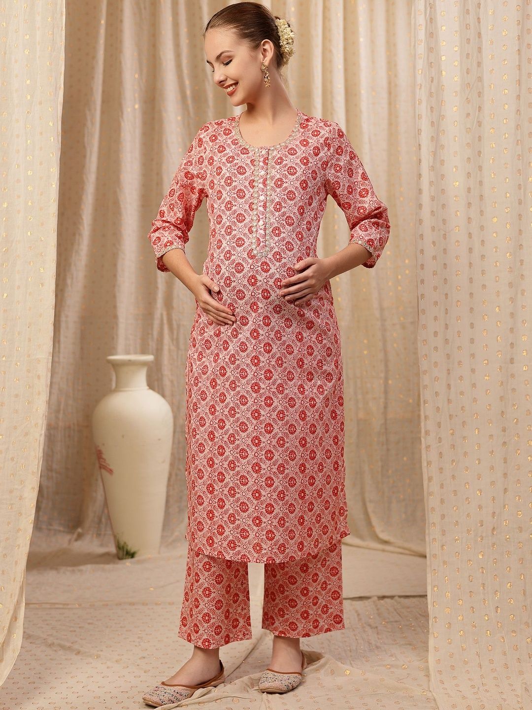 House Of Zelena Women Maternity Ethnic Motifs Printed Mirror Work Kurta with Palazzos-image-29