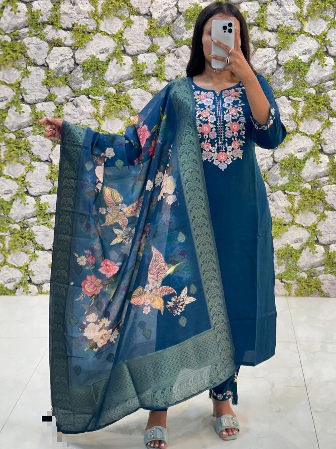 MILAAV Floral Embroidered Notch Neck Thread Work Pure Silk Kurta With Trousers & Dupatta-picture-30