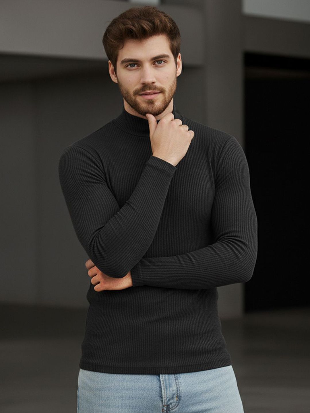 Moda Rapido Men Ribbed High Neck Slim Fit T-shirt