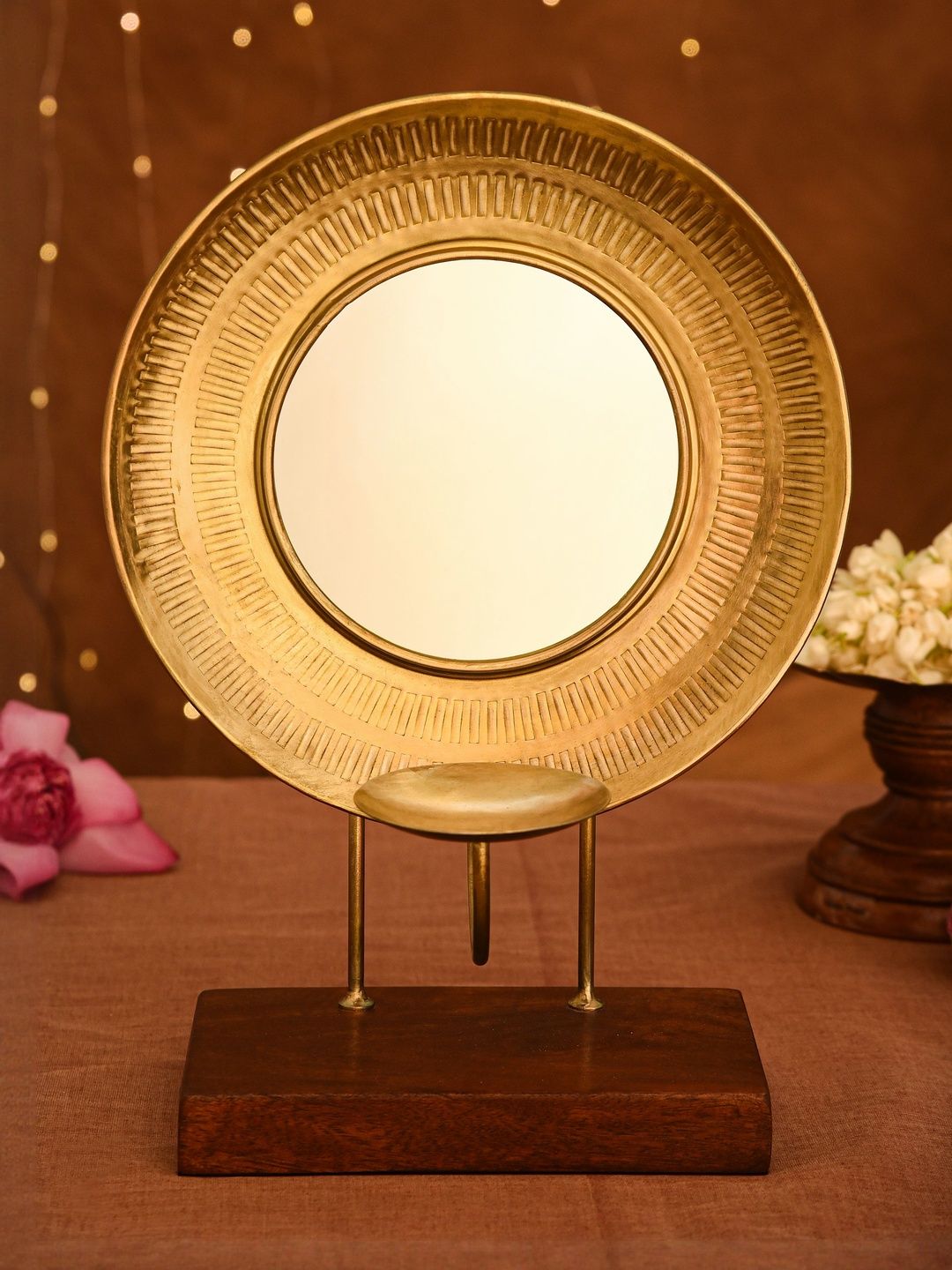 JAYPORE Gold-Toned & Brown Wooden Table Top Mirror-picture-11
