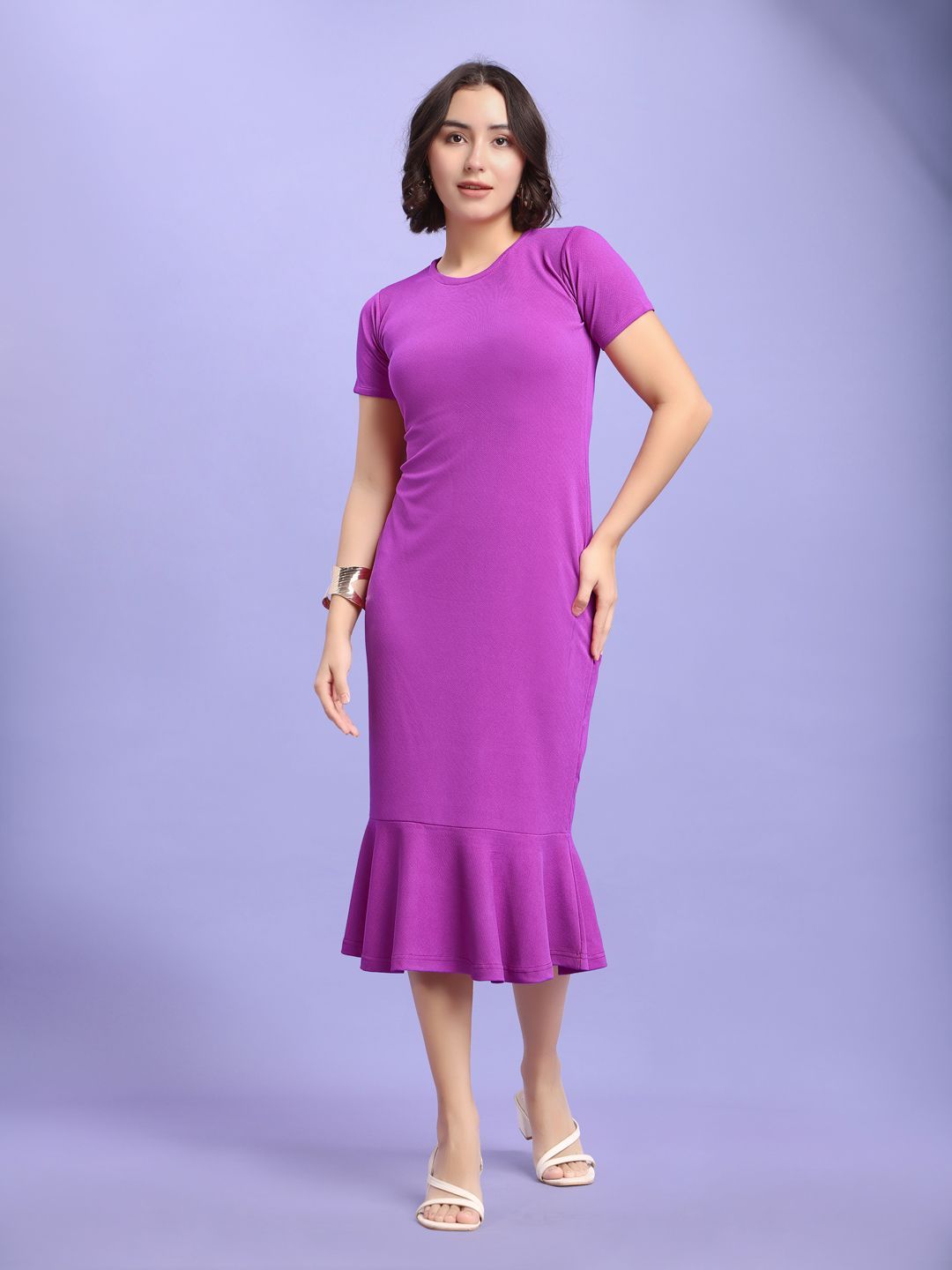 PURVAJA Ruffled Women Solid Round Neck Bodycon Midi Dress-image-48