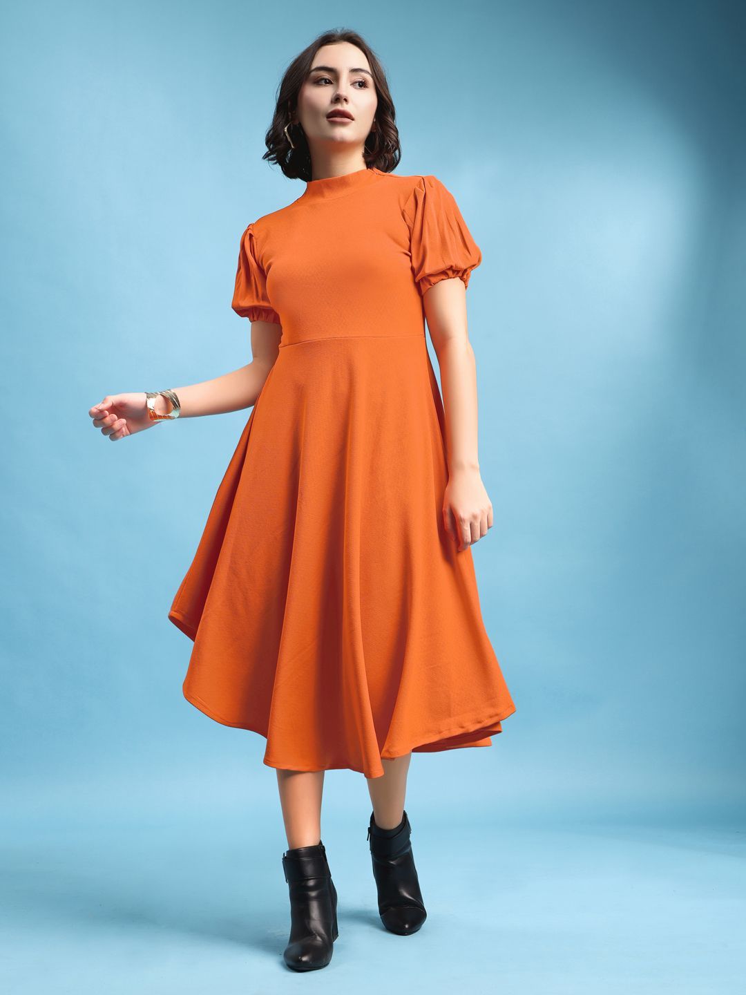PURVAJA Women Puff Sleeve Fit & Flare Midi Dress-picture-31