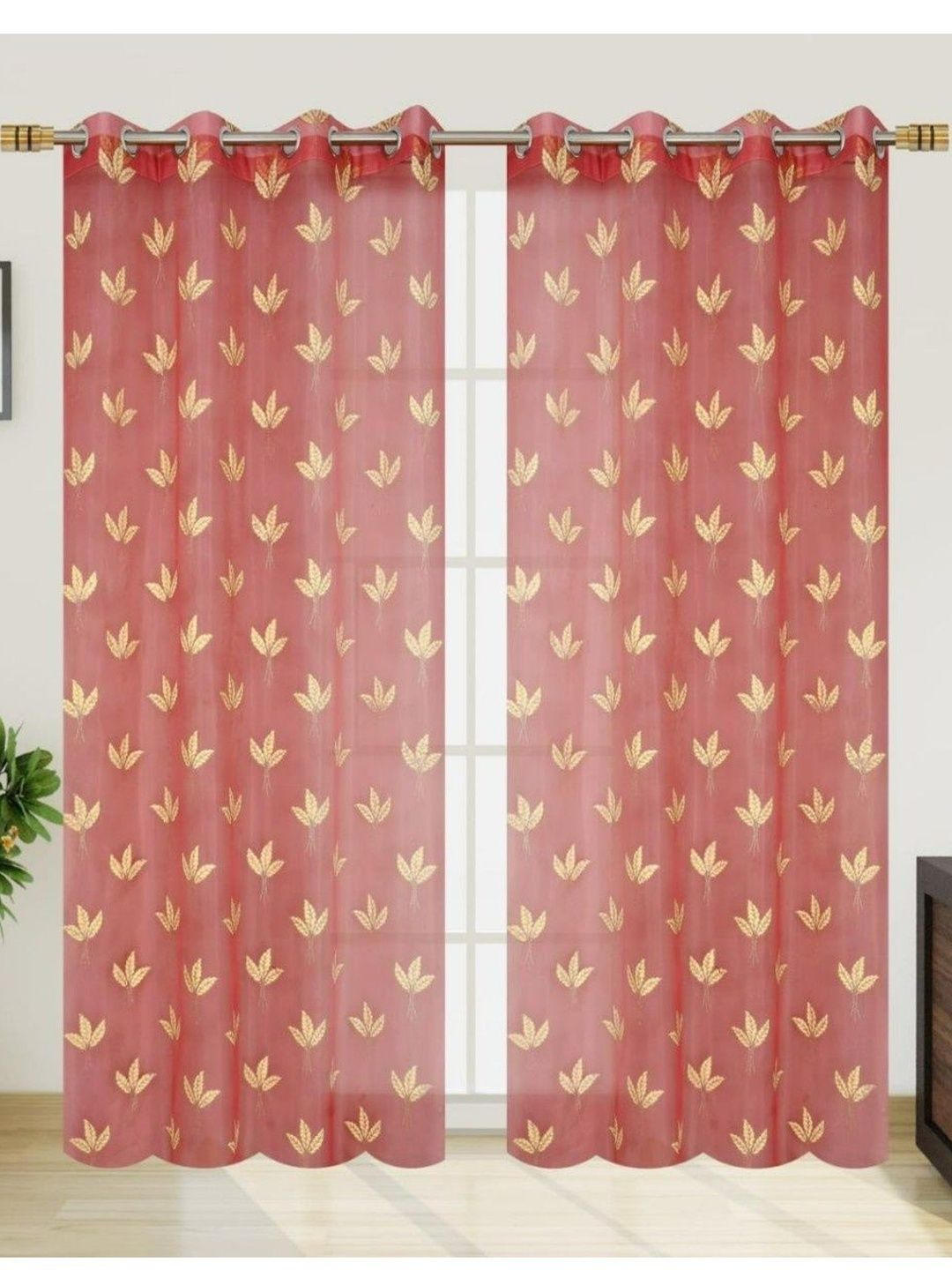 UrbanArts Pink & Gold Set of 2 Leaf Embroidered Sheer Long Door Eyelet Curtain-picture-18