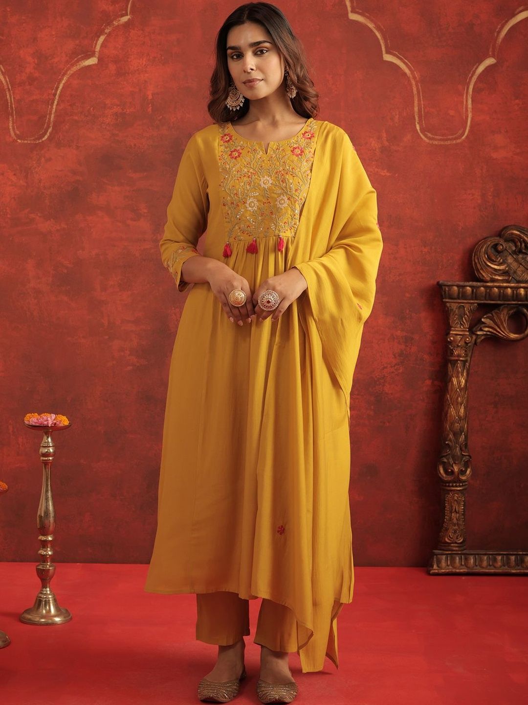 Indo Era Women Floral Embroidered A-Line Kurta with Trousers & Dupatta-picture-34