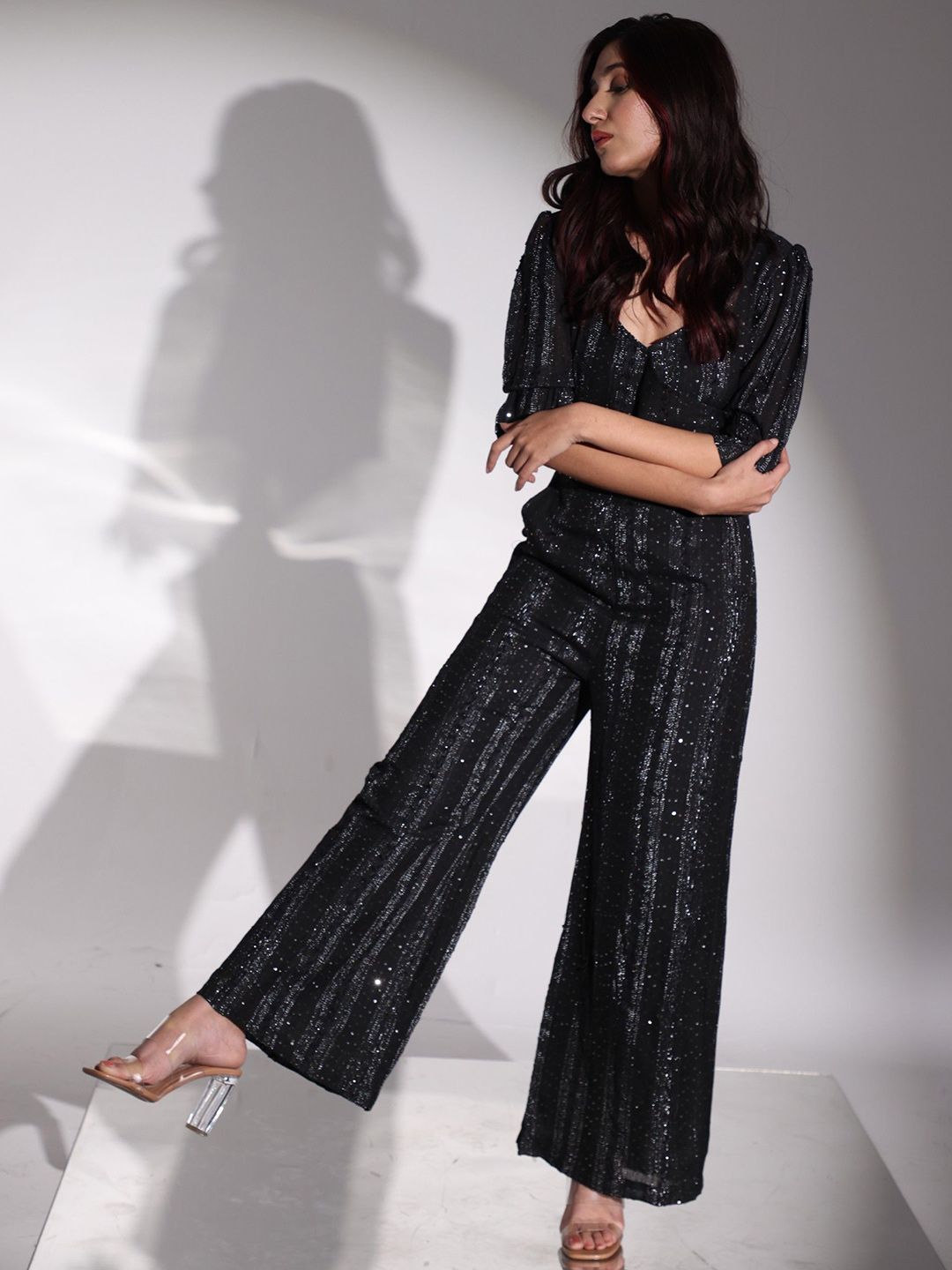 THE BLACK LOVER Self Design V-Neck Basic Jumpsuit-picture-12