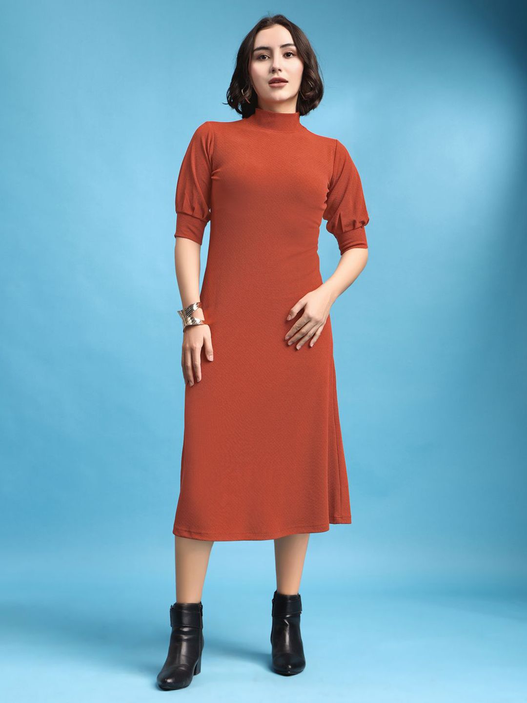 PURVAJA Women Ruby Solid Puff Sleeve High Neck Knee Length A-Line Midi Dress-picture-11