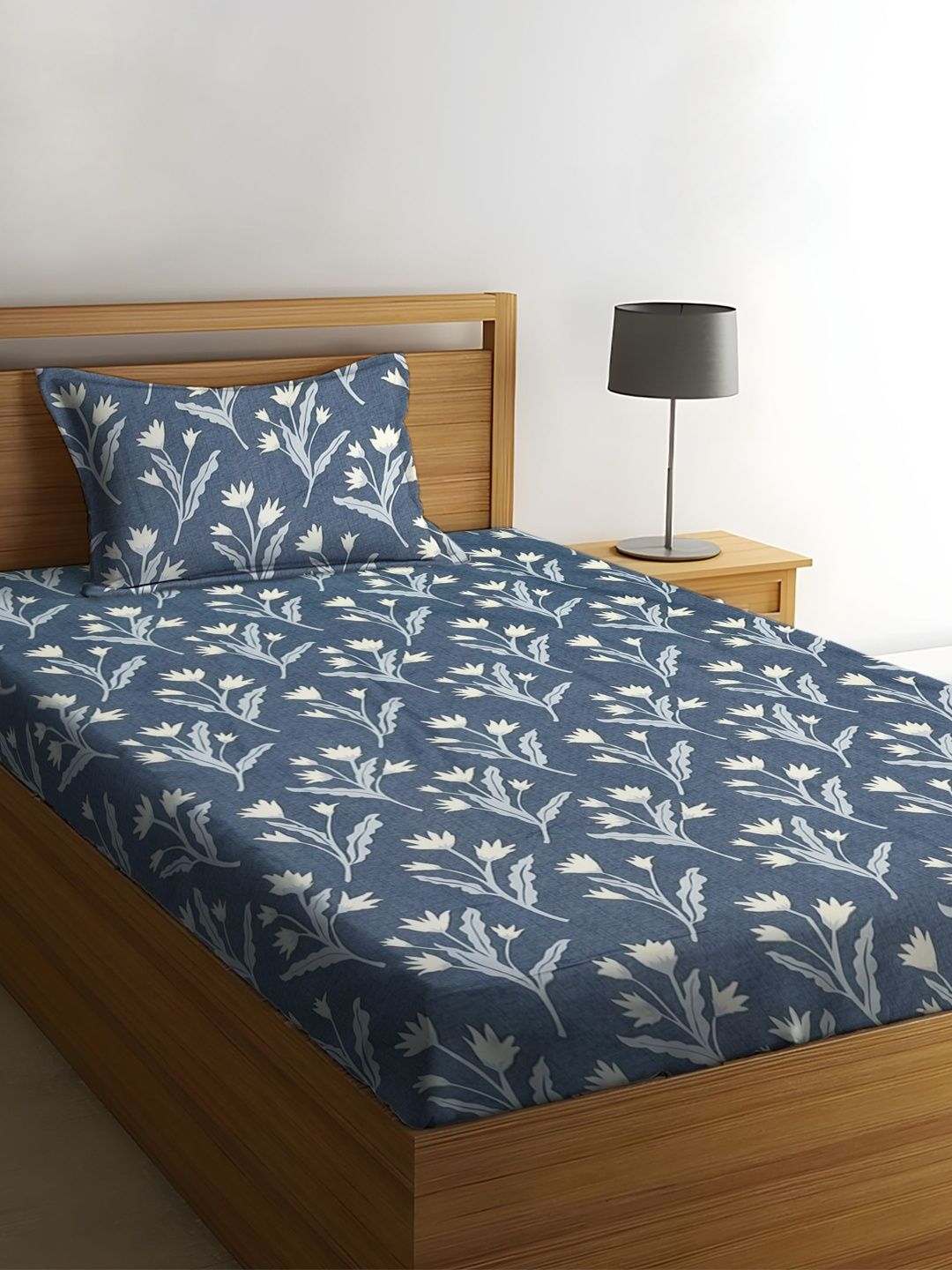 WEAVE AND DECOR Blue Floral Pure Cotton Feel 300 TC Single Bedsheet Set-2.28mx1.52m-picture-31