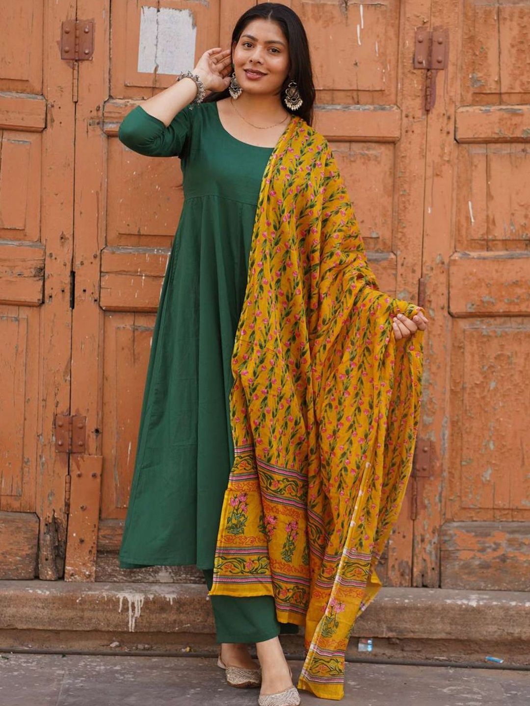 GoSriKi Women Solid A-Line Kurta with Trousers & Dupatta-picture-29