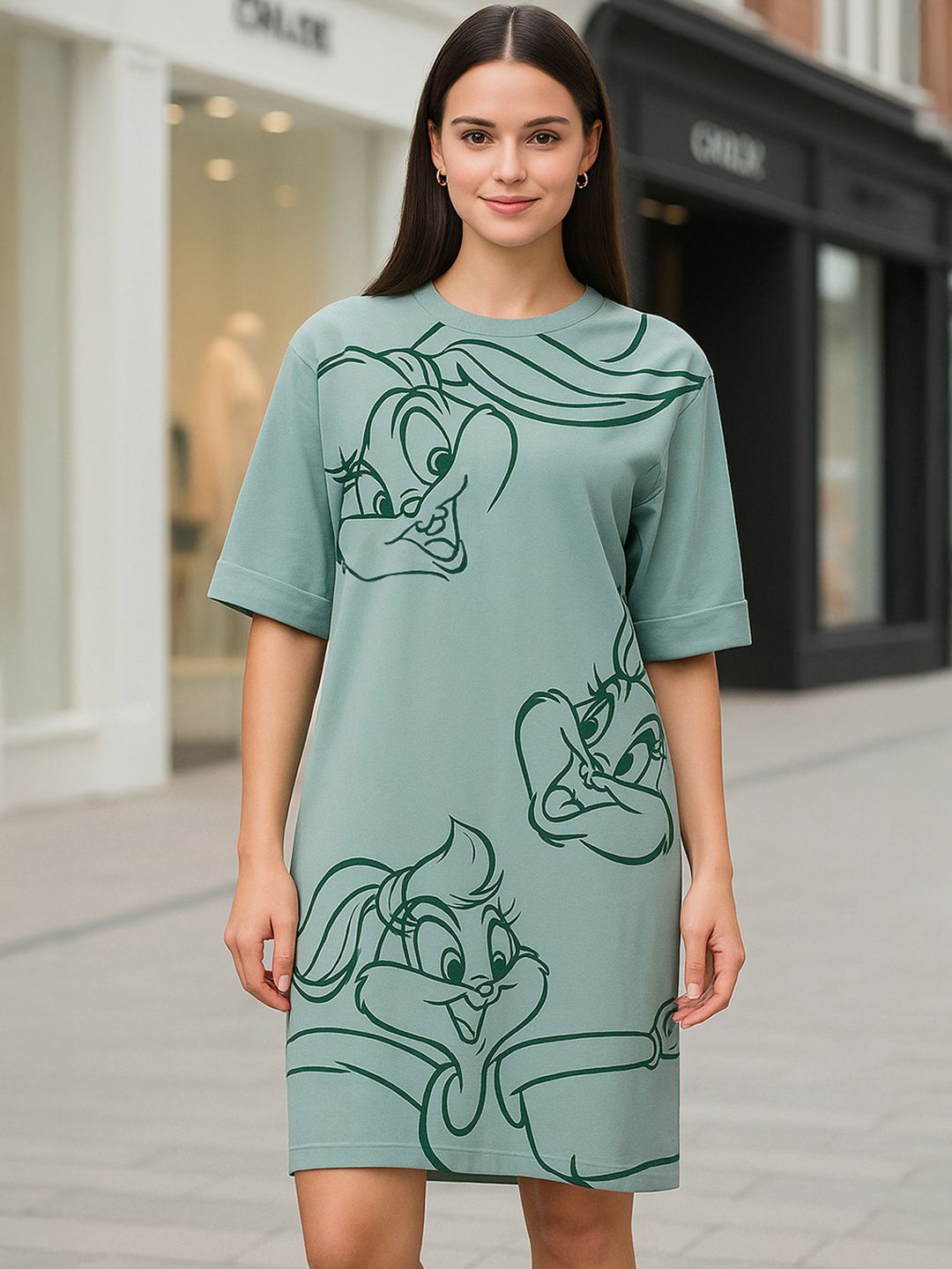 Bewakoof Women Looney Tunes Women Iceberg Green Graphic Printed Oversized T-Shirt Dress-picture-23