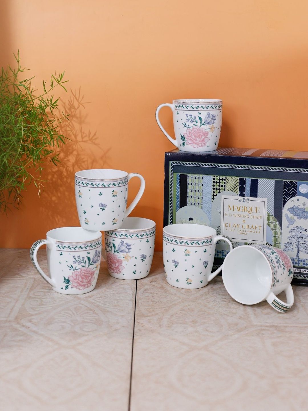 CLAY CRAFT White & Green 6 Pieces Printed Ceramic Glossy Cups 220 ml-image-36