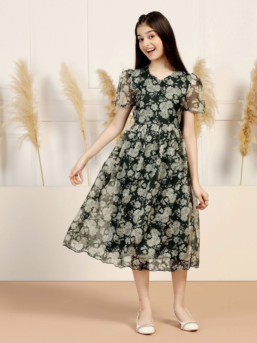 BAESD Floral Print V-Neck Puff Sleeve Fit & Flare Midi Dress-picture-42