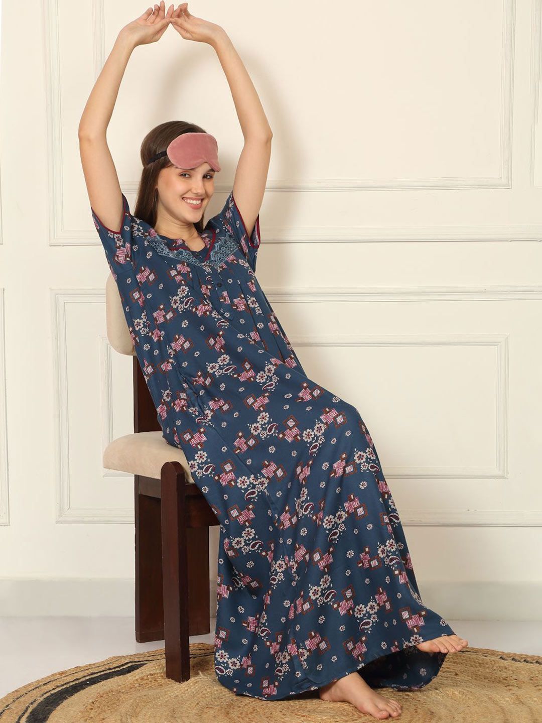 Sweet Dreams Women Printed Round Neck Maxi Nightdress-picture-25