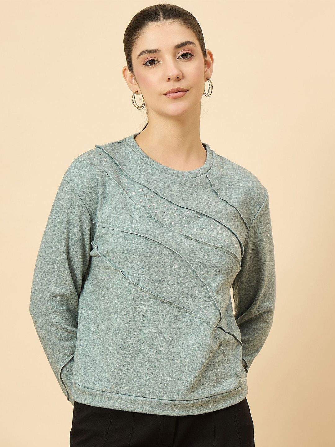 LE BOURGEOIS Women Self Design Embellished Round Neck Long Sleeve Sweatshirt-picture-17