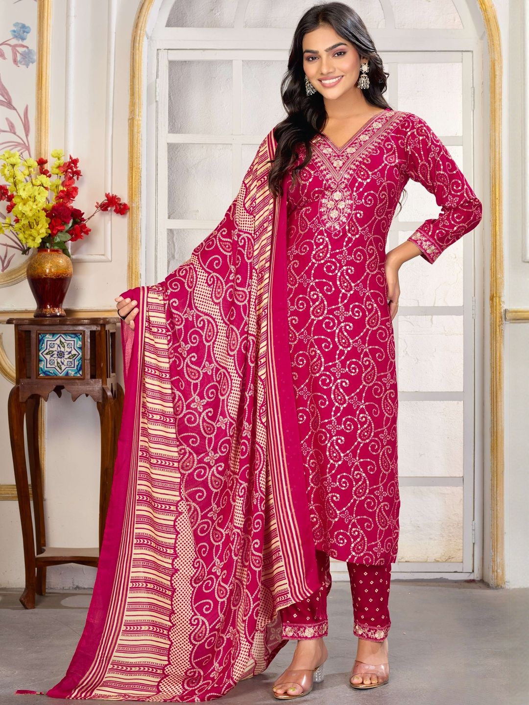 Moda Rapido Ethnic Motifs Printed V-Neck Straight Kurta With Trousers & Dupatta-picture-24