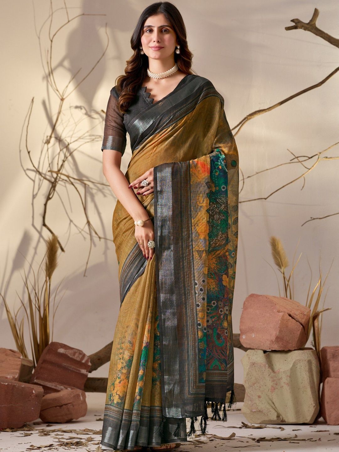 AWRIYA Ethnic Motifs Pure Linen Handloom Saree-picture-15