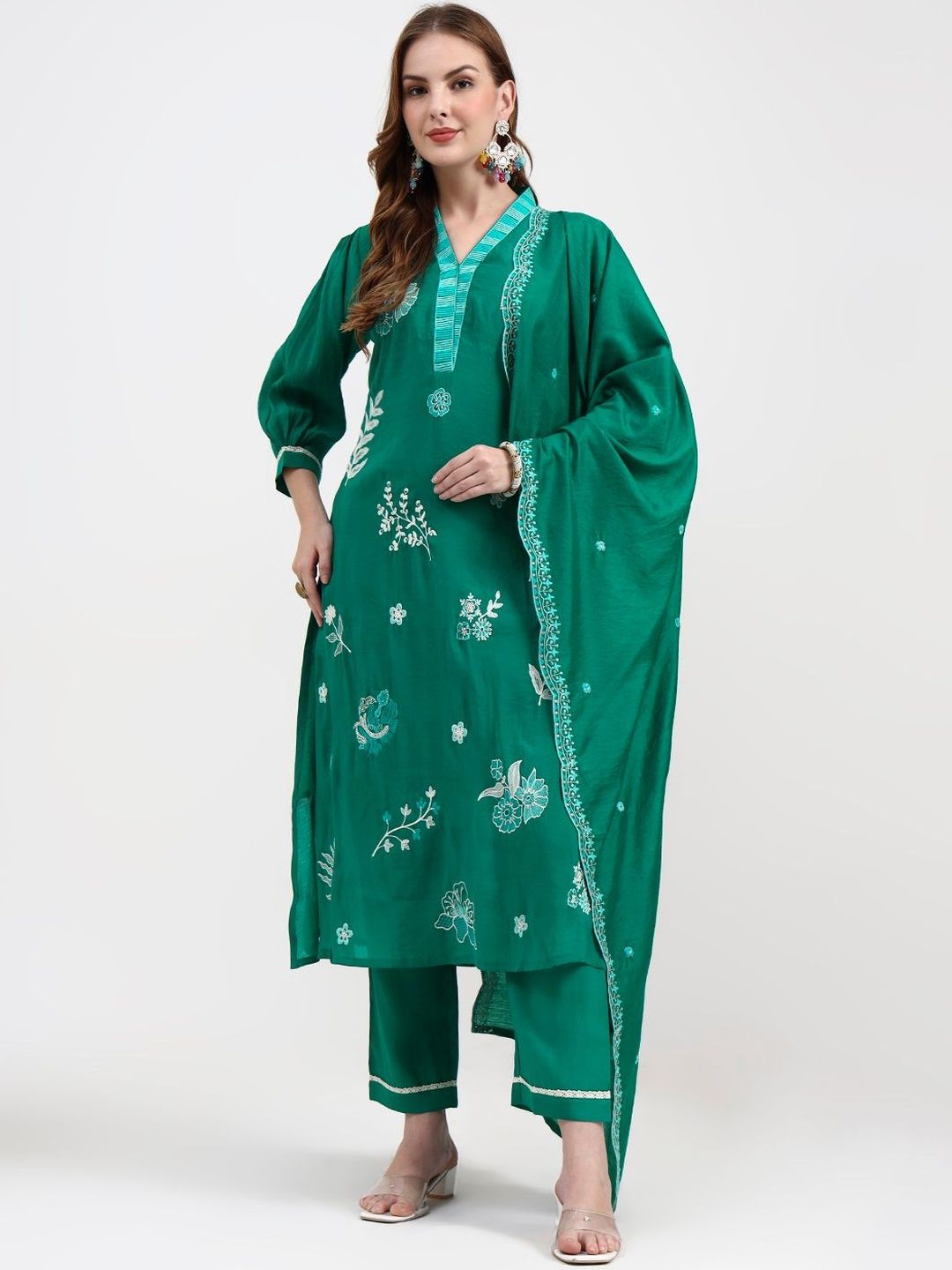 Yufta Floral Embroidered Thread Work Chanderi Silk Kurta With Trousers & Dupatta-picture-13