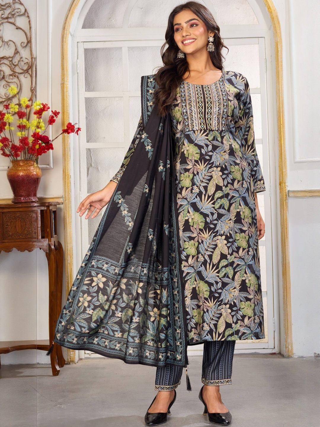 Moda Rapido Floral Printed Thread Work Straight Kurta With Trousers & Dupatta-picture-42