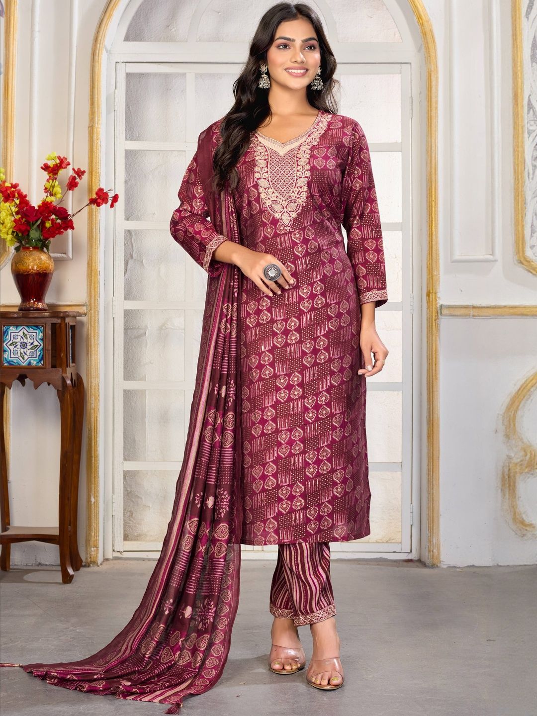Moda Rapido Floral Printed Thread Work V-Neck Straight Kurta With Trousers & Dupatta-picture-20