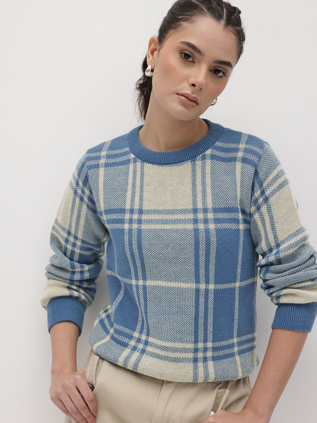 The Roadster Life Co. Checked Round Neck Pullover-image-15