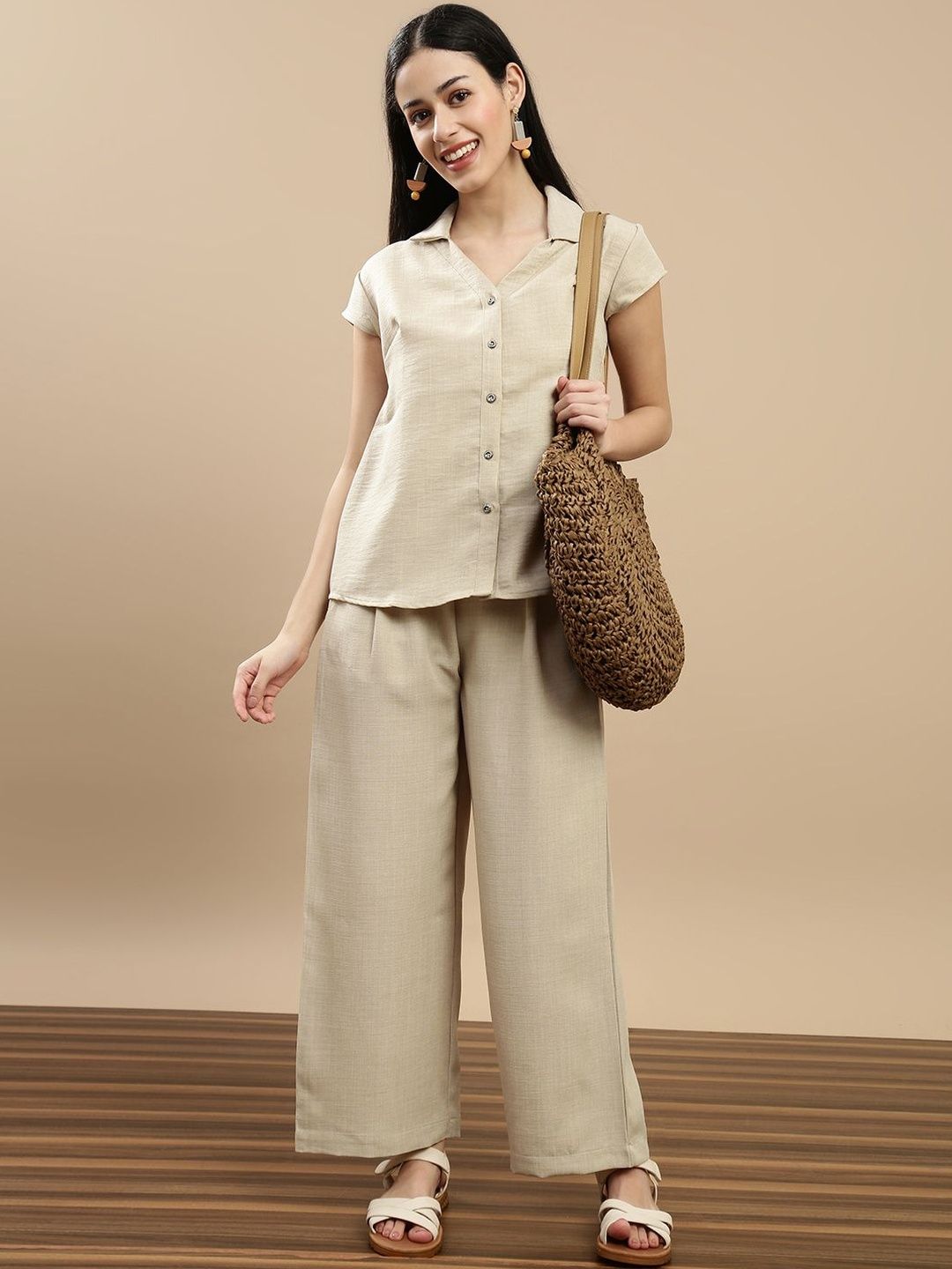 De Moza Shirt Collar Short Sleeves Top With Palazzos-picture-30