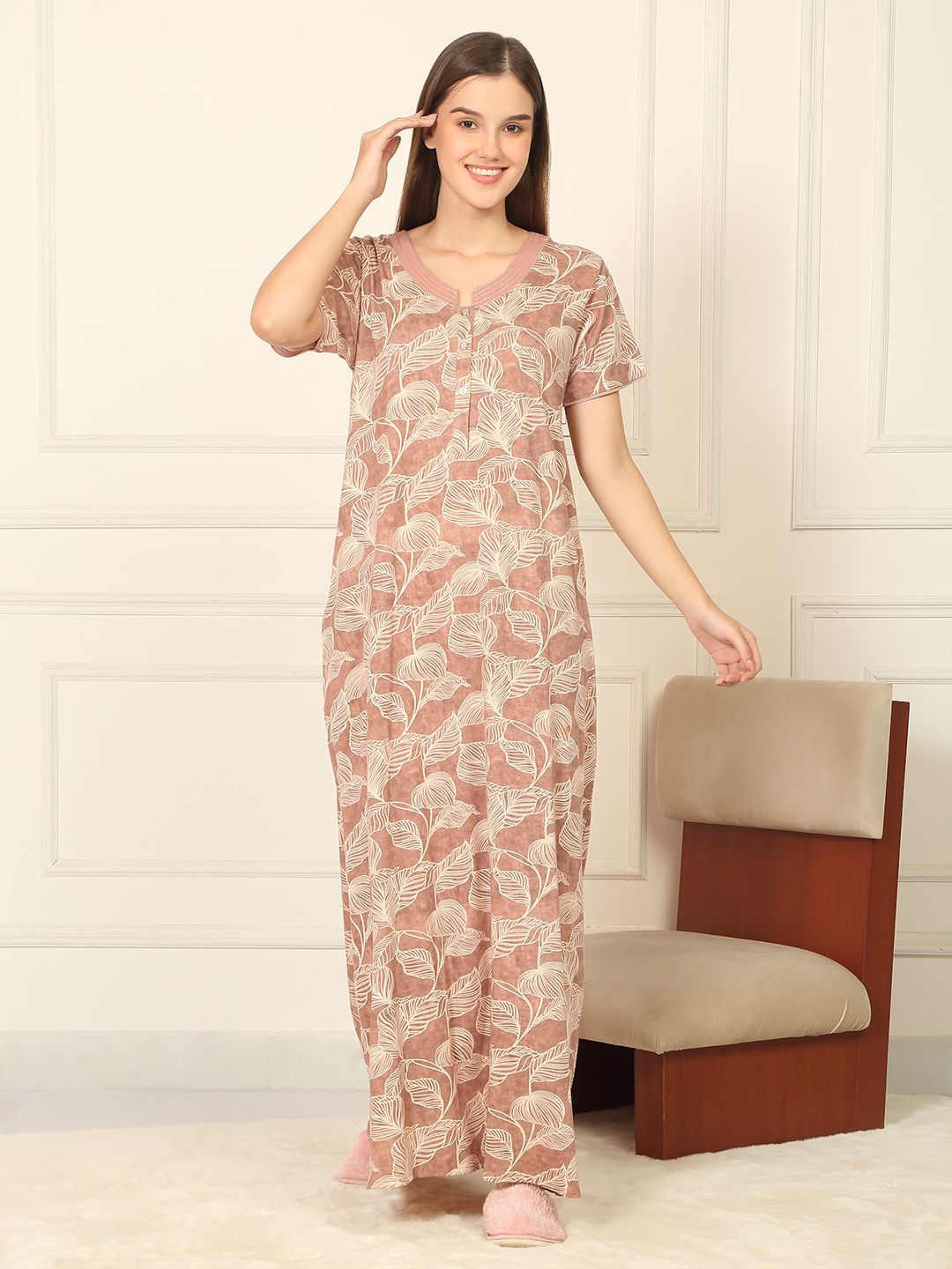 Sweet Dreams Women Leaf Printed Round Neck Pure Cotton Maxi Nightdress-picture-36
