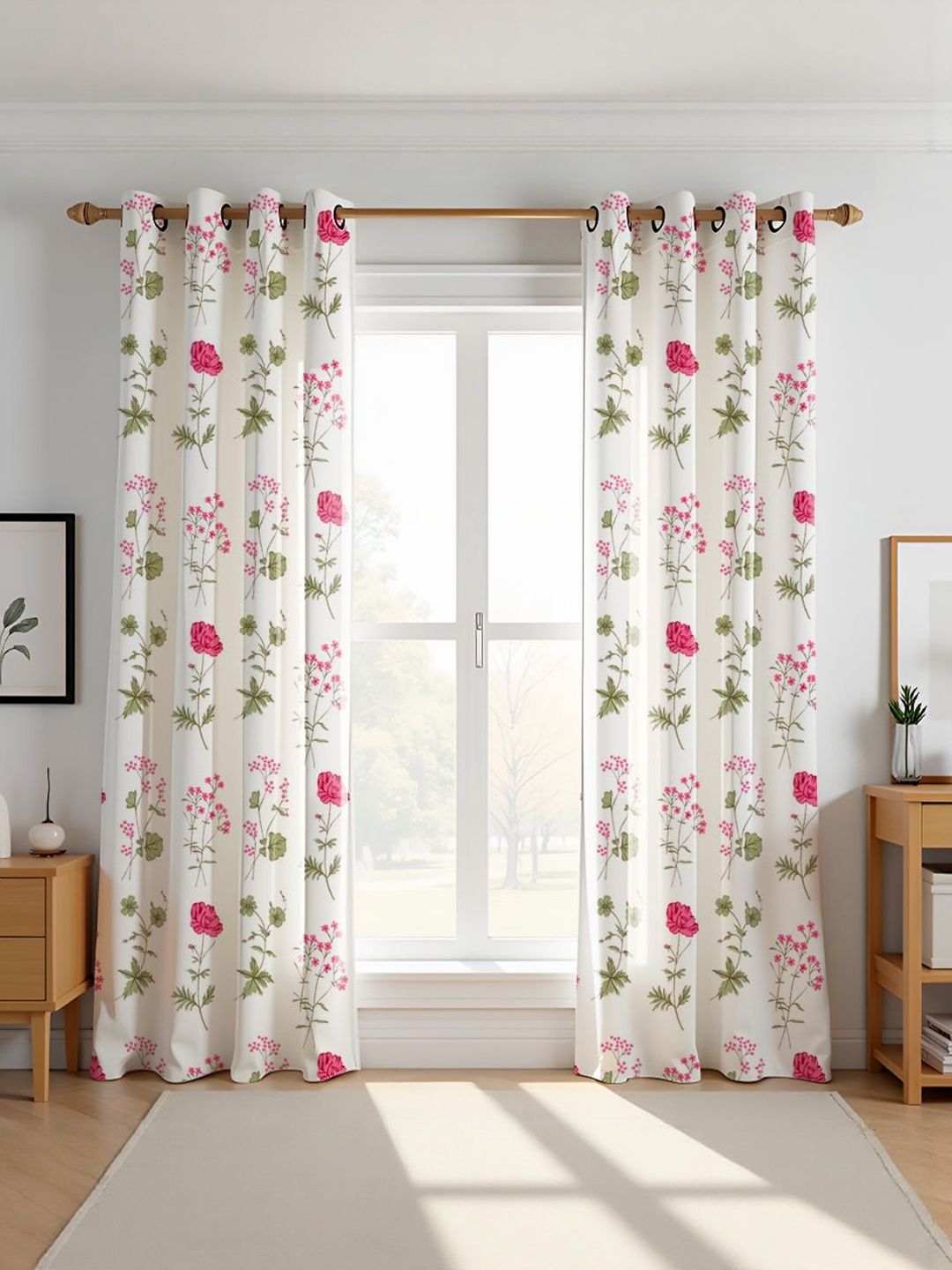 HOMEMONDE Pink & Green Pack of 2 Floral Printed Cotton Room Darkening Long Door Curtains-image-45