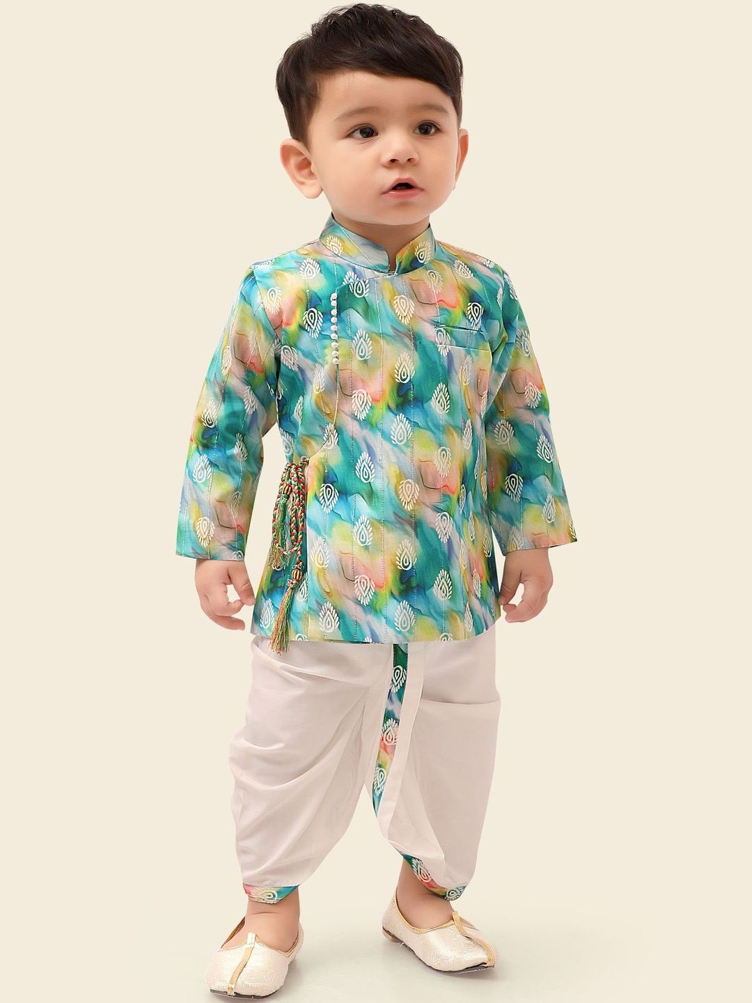 Ethniks Neu-Ron Boys Printed Angrakha Chanderi Cotton Kurta with Dhoti Pants