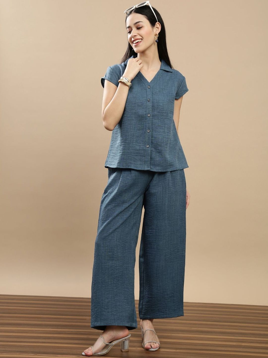 De Moza Shirt Collar Short Sleeves Top With Palazzos-picture-24