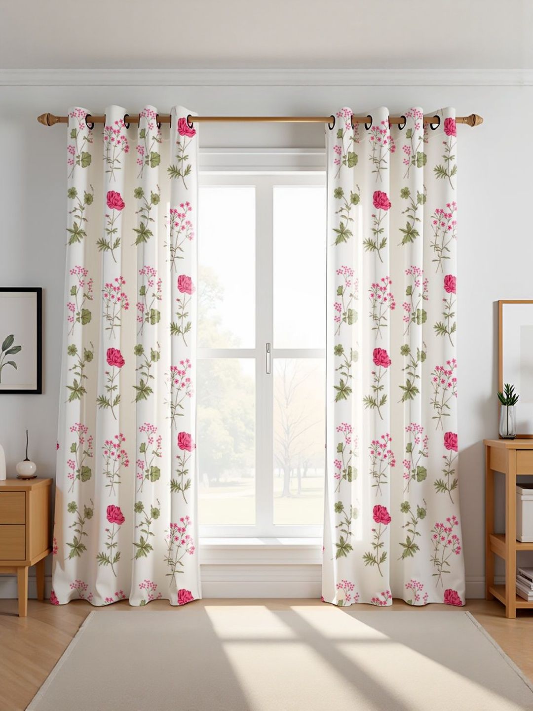 HOMEMONDE Pink & White Pack of 2 Floral Printed Cotton Room Darkening Door Curtains-image-40