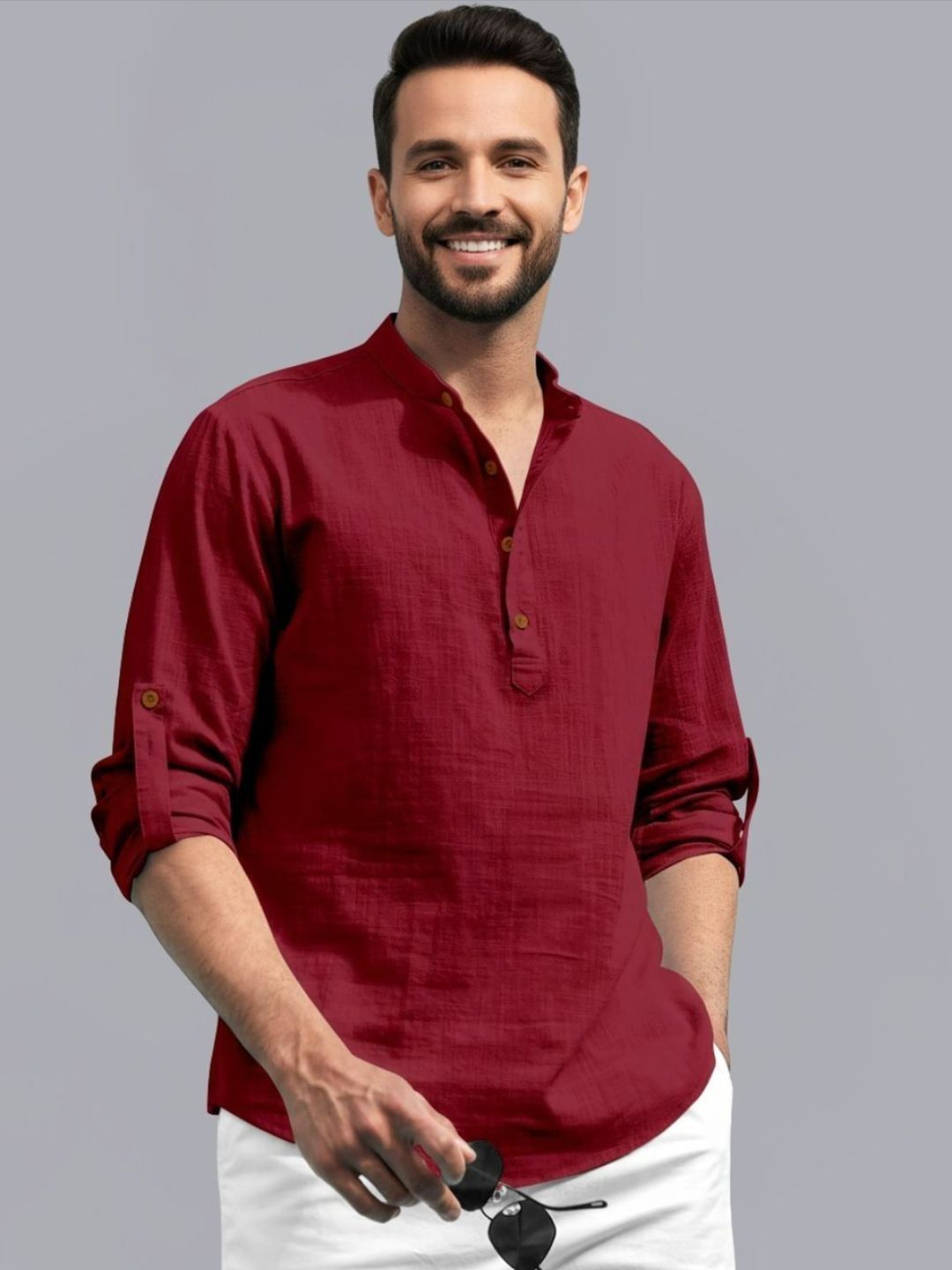 Zee Gold Relaxed Mandarin Collar Roll-Up Sleeves Cotton Casual Shirt-picture-43