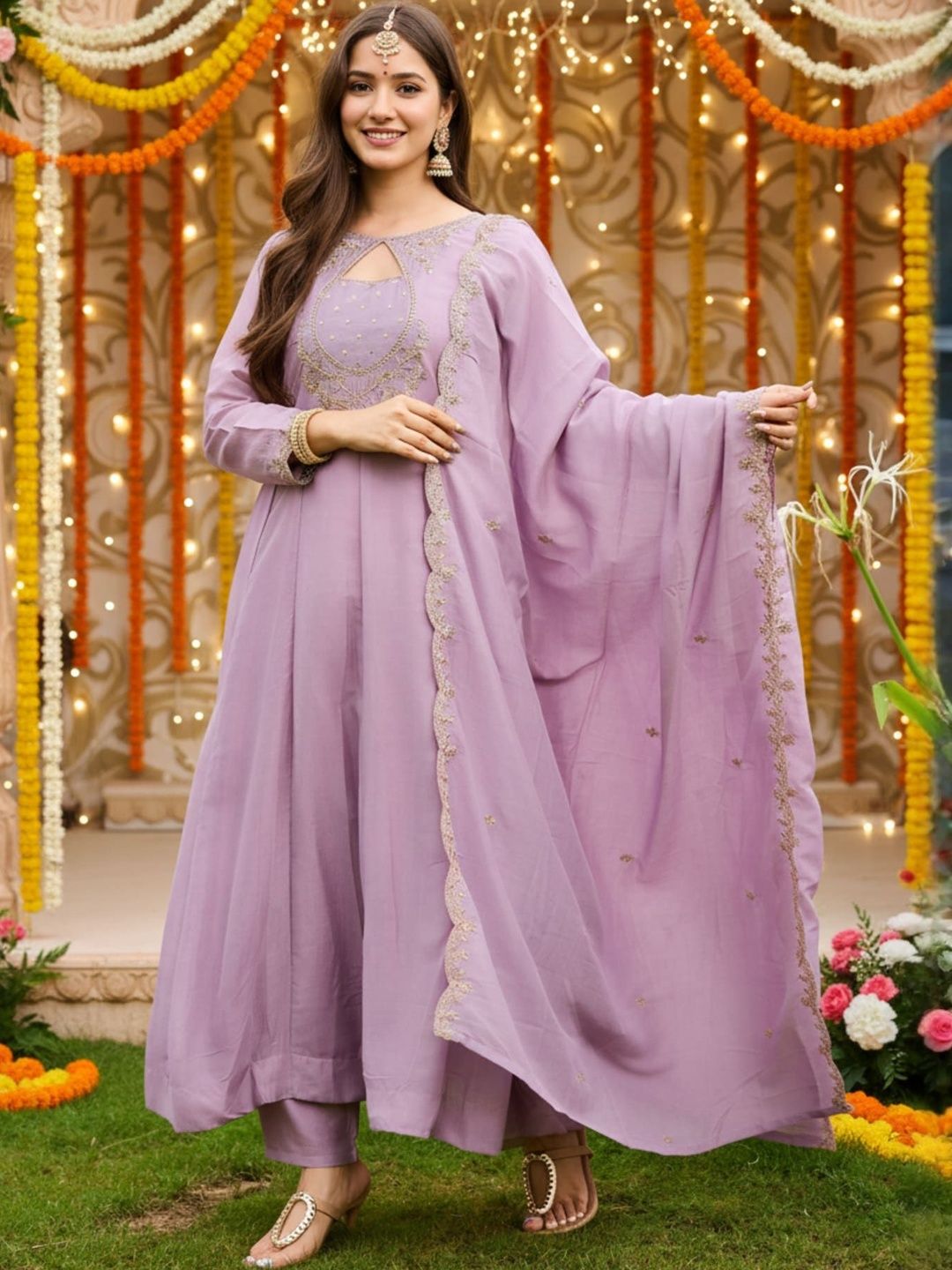 JISHNAM Floral Embroidered Thread Work Keyhole Neck Anarkali Kurta With Trouser & Dupatta-picture-27