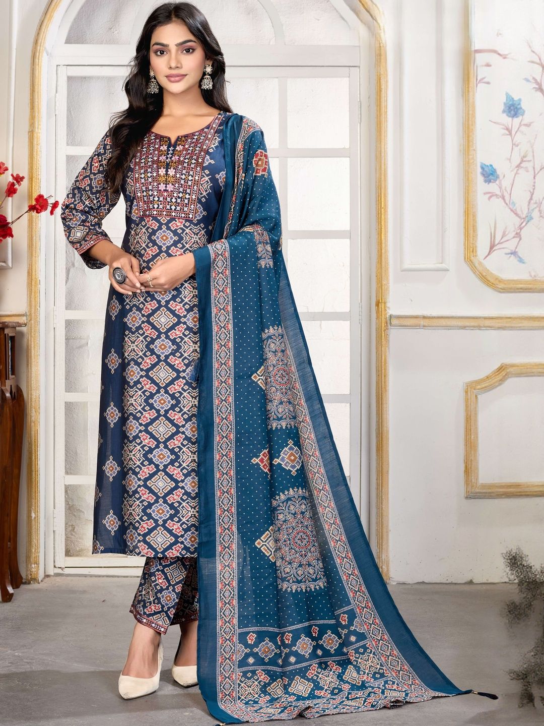 Moda Rapido Ethnic Motifs Printed Notch Neck Straight Kurta With Trousers & Dupatta-picture-40